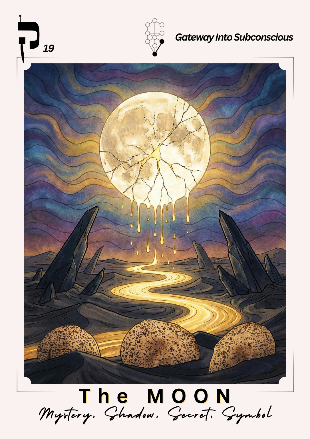 Temperance — Card 15, The Wall of Stability. Beruriah seated within a stone arch, pouring water between vessels in the golden river.