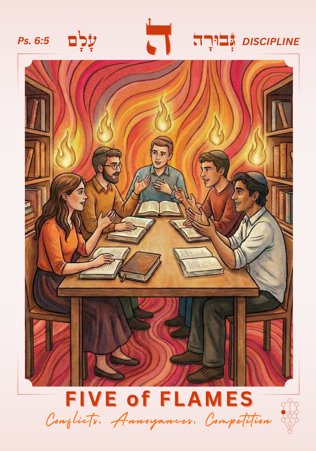 Five of Flames — Suit of Flames. Competition, conflict, creative tension.