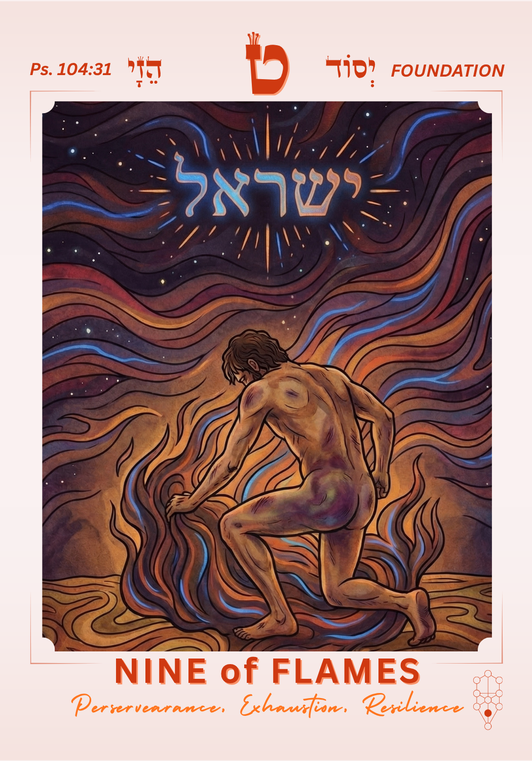 Nine of Flames — Perseverance, Exhaustion, Resilience. Yesod/Foundation. Yaakov wrestling the angel, the name Yisrael blazing in the night sky above him.