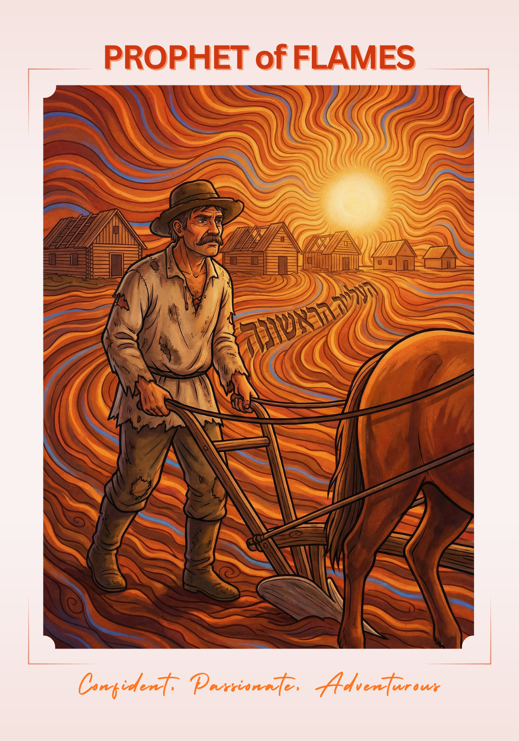 Prophet of Flames — Confident, Passionate, Adventurous. A farmer plowing fields at sunrise with swirling fire-colored sky, Hebrew text written across the furrows.