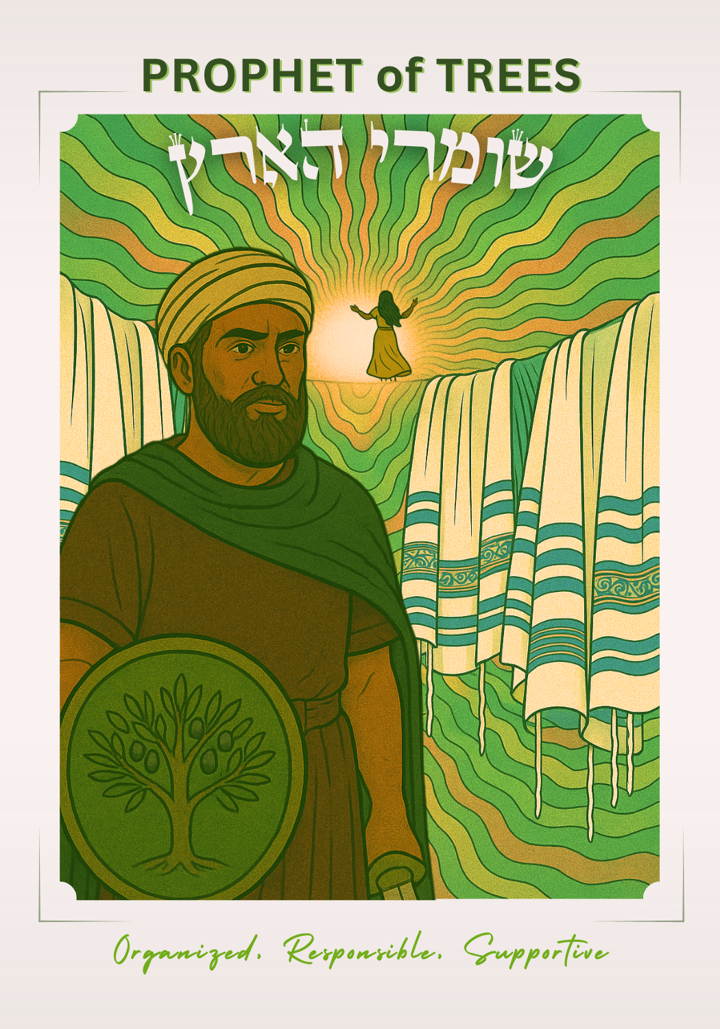 Prophet of Flames — Organized, Responsible, Supportive. A bearded prophet in turban holds a Tree of Life shield before cascading tallitot and a glowing divine figure.