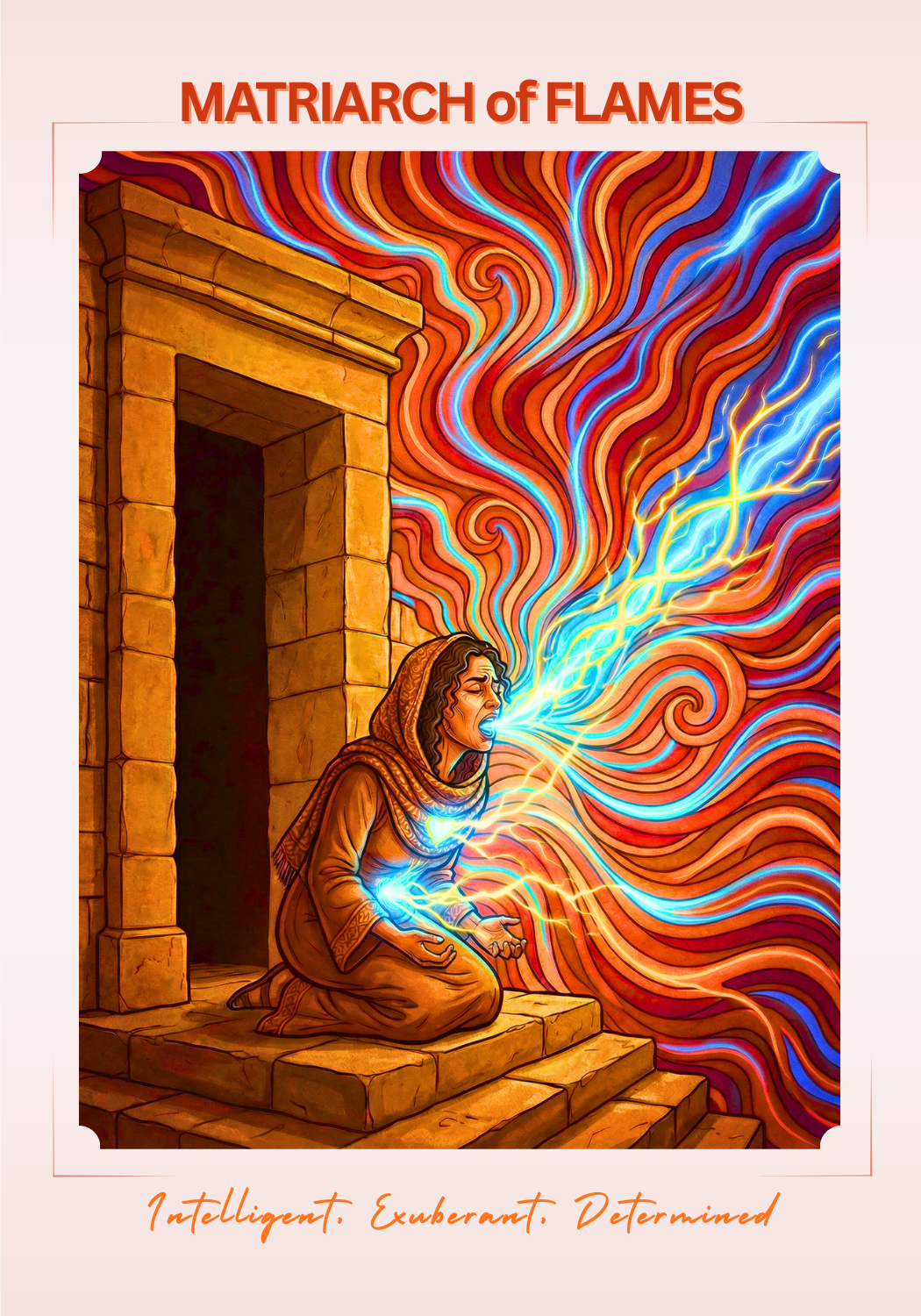 Patriarch of Flames — Inspirational, Charismatic, Innovative. King David crowned, playing the kinnor, divine fire streaming from his outstretched hand, flanked by two lions.