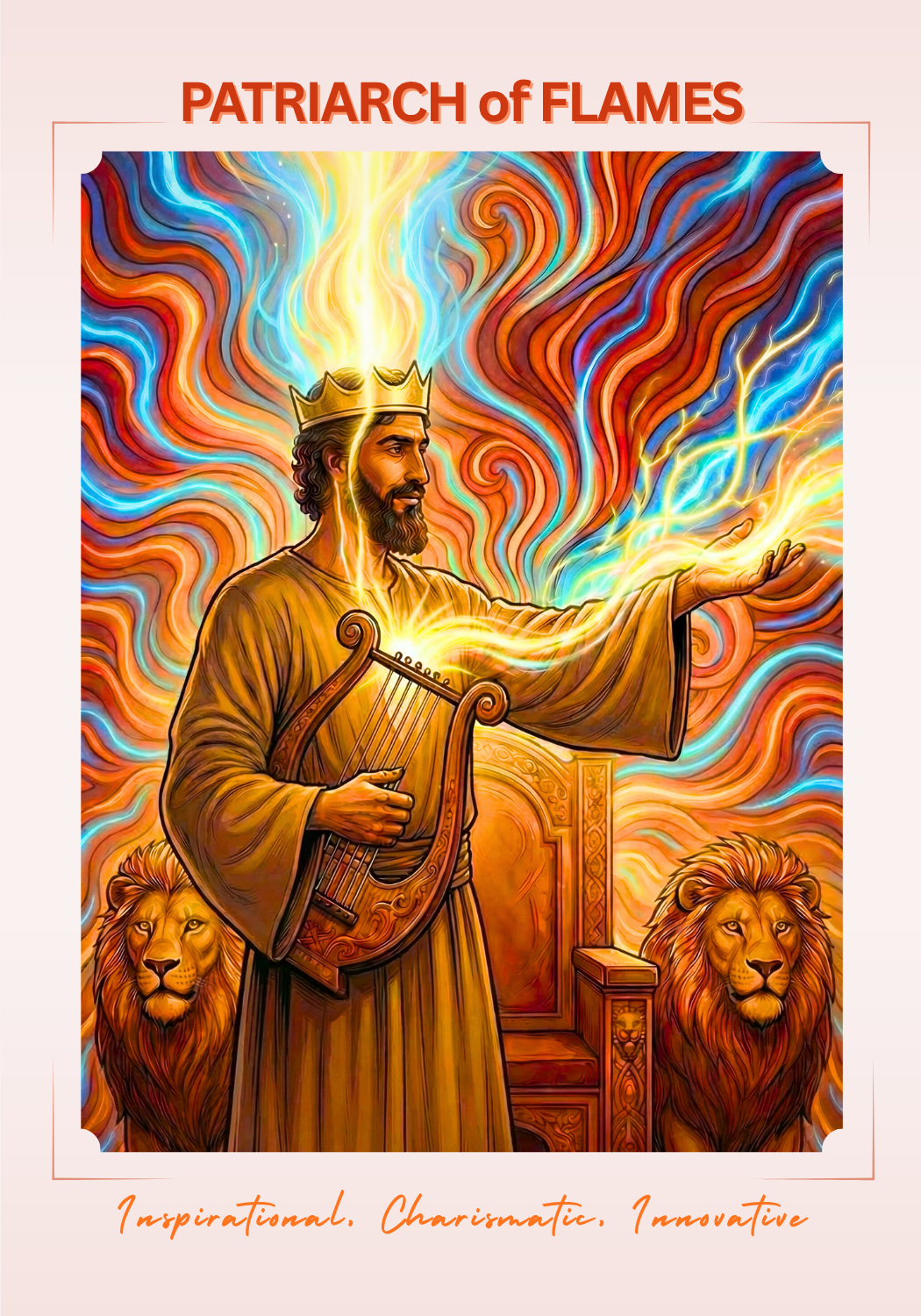 Matriarch of Flames — Intelligent, Exuberant, Determined. A woman seated on temple steps channeling electric lightning from her breath and hands into swirling divine fire.